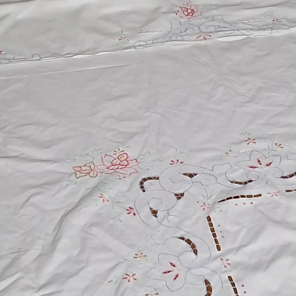 Vintage Embroidered Shower Curtain Pink Floral Cutwork Cottage Chic Linen Look